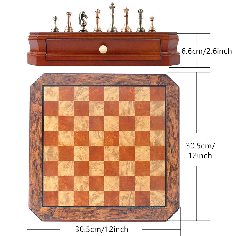 High-end chessboard 30.5cm/12inch international chess set with metal pieces includes 2 additional queens. various holiday gifts.