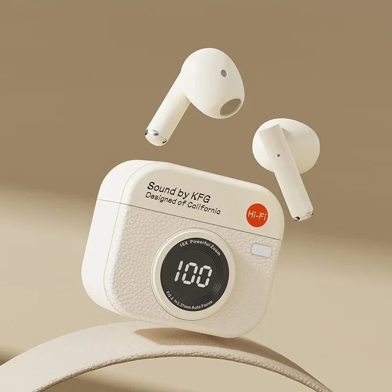 Q86 Retro Camera Wireless Earbuds Semi-In-Ear Earphones with Screen Digital Display and Gaming Low Latency