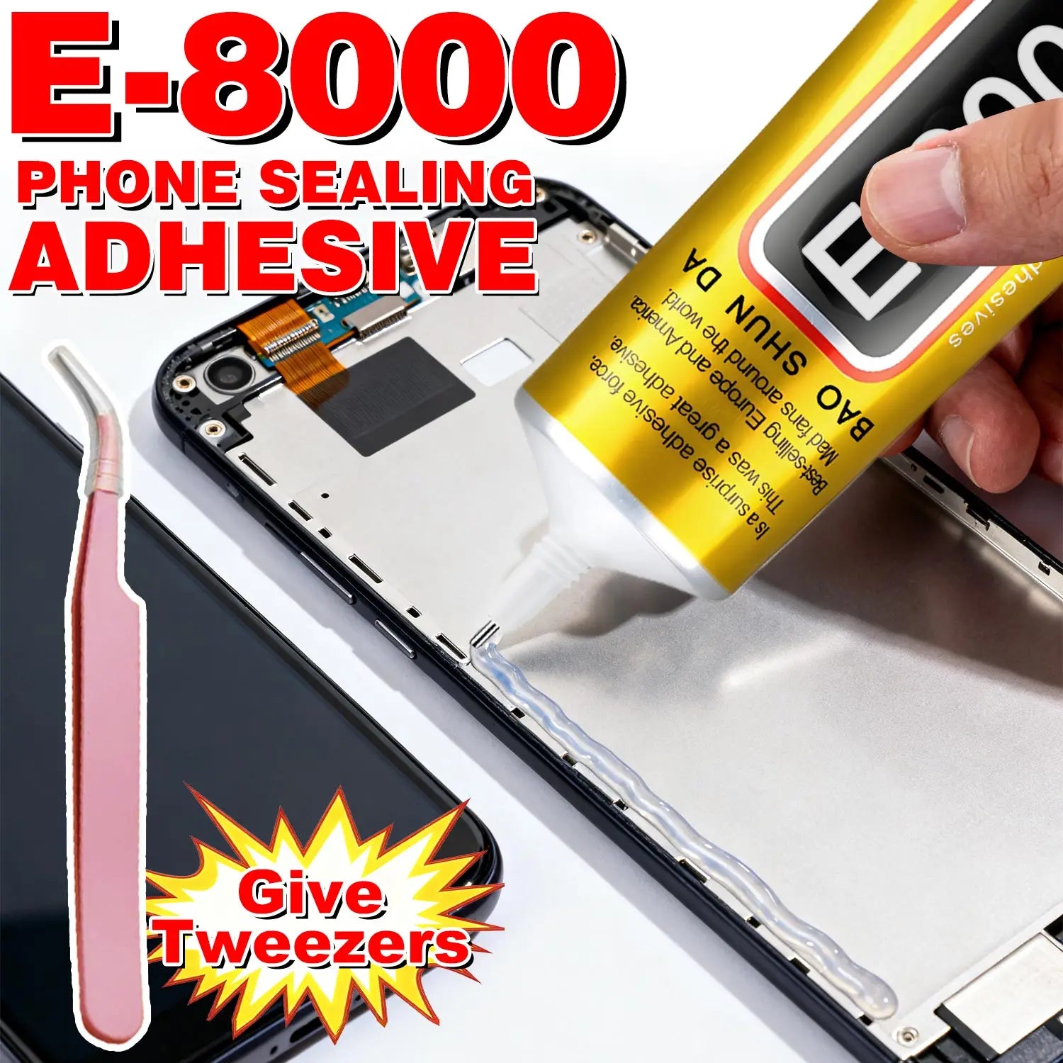 E-8000 15/50/110ML Transparent Phone Screen Repair Glue E8000 Universal Glass Plastic DIY Adhesive With Precision Applicator Elastic Glue Tools Includes tweezers.