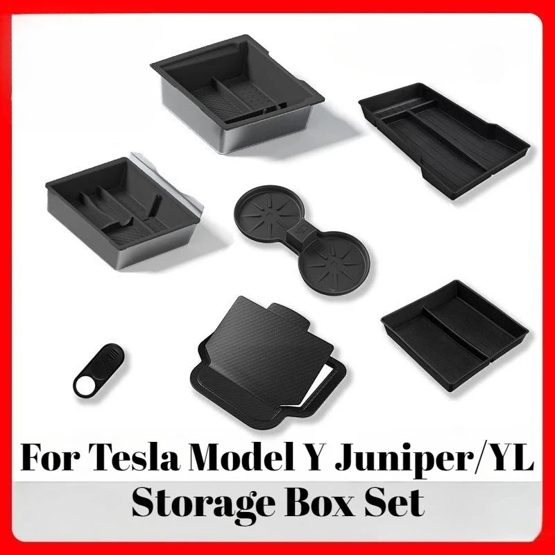 For Tesla Model Y Juniper/YL Center Console Armrest Storage Box Set Non-Slip Cup Pads Organizer Trays Car Interior Accessories