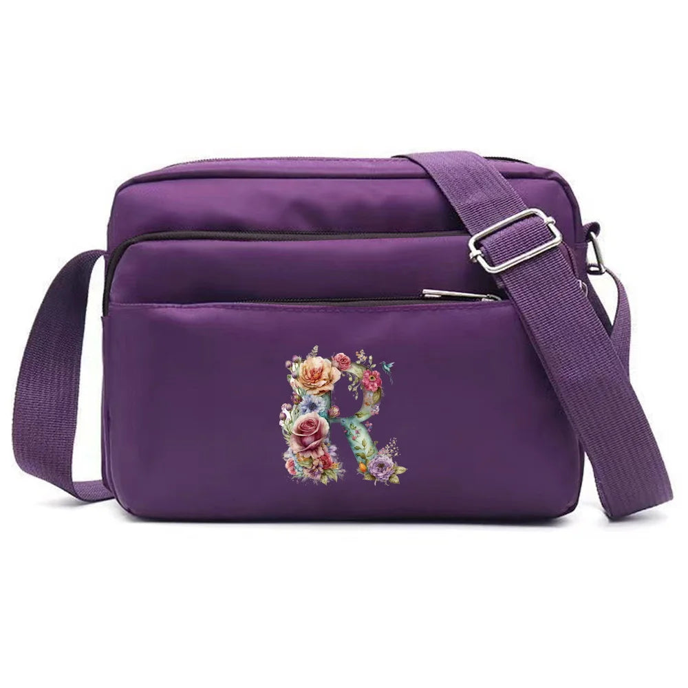Leisure Purple One Shoulder Crossbody Bag Portable Commuting Large Capacity Floral Letter Series Printing Pattern Storage Bag