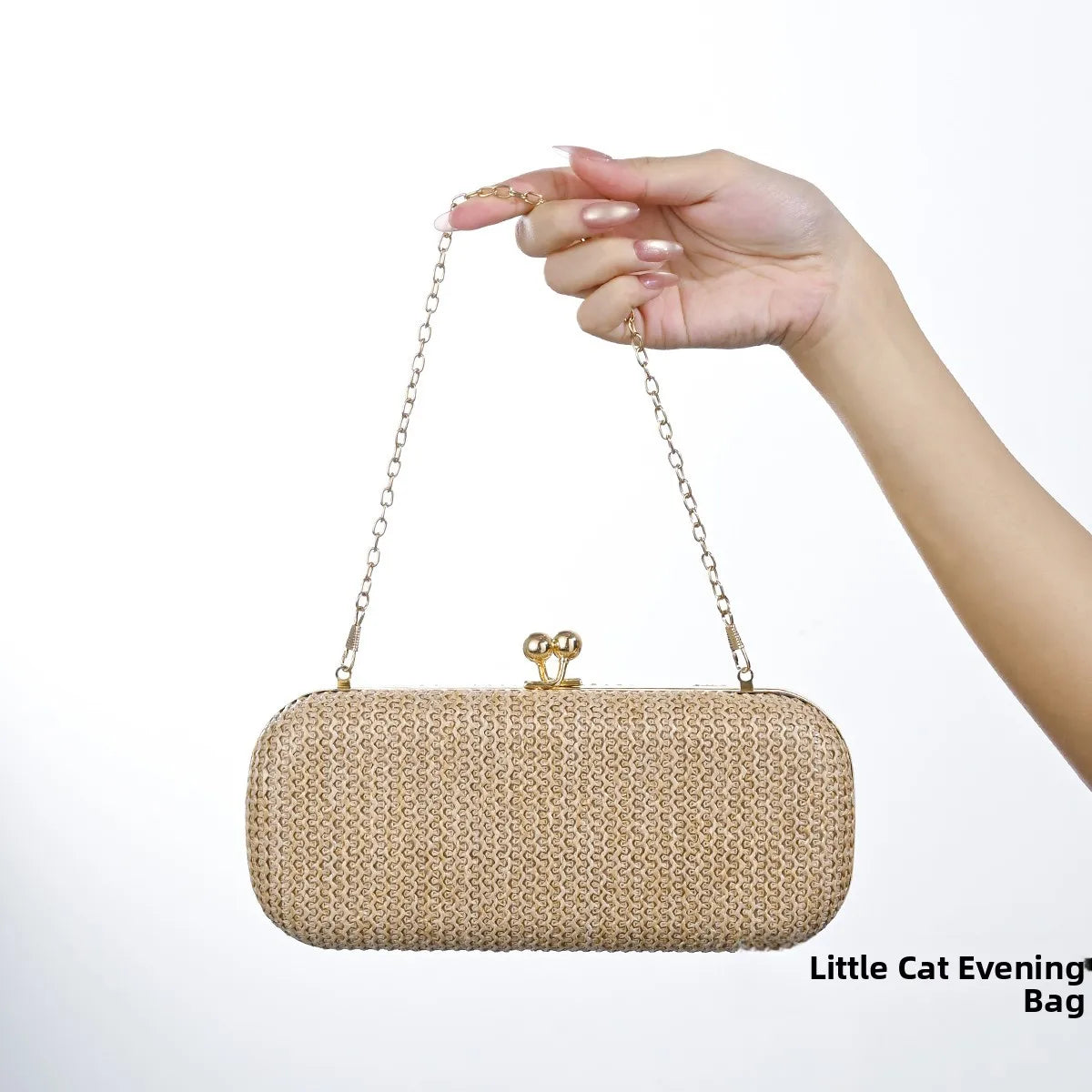 Elegant Woven Clutch Bag for Women Metal Buckle Party Dinner Beach Handbag Polyester Pure Color Fashionable round Box Shape