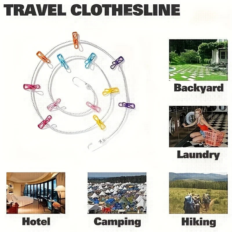 Portable Travel Clothesline with 12 Clips, Lightweight Rope for Indoor Outdoor Drying Socks Towels Scarves Travel Essentials