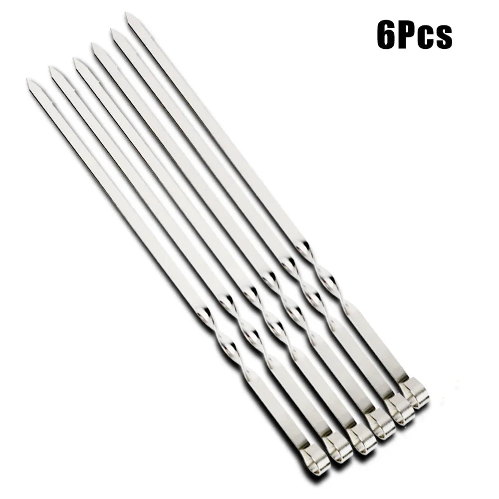 6pcs Stainless Steel Barbecue Skewer Flat BBQ Sticks Fork Outdoor Camping Picnic Utensil Kitchen Accessories