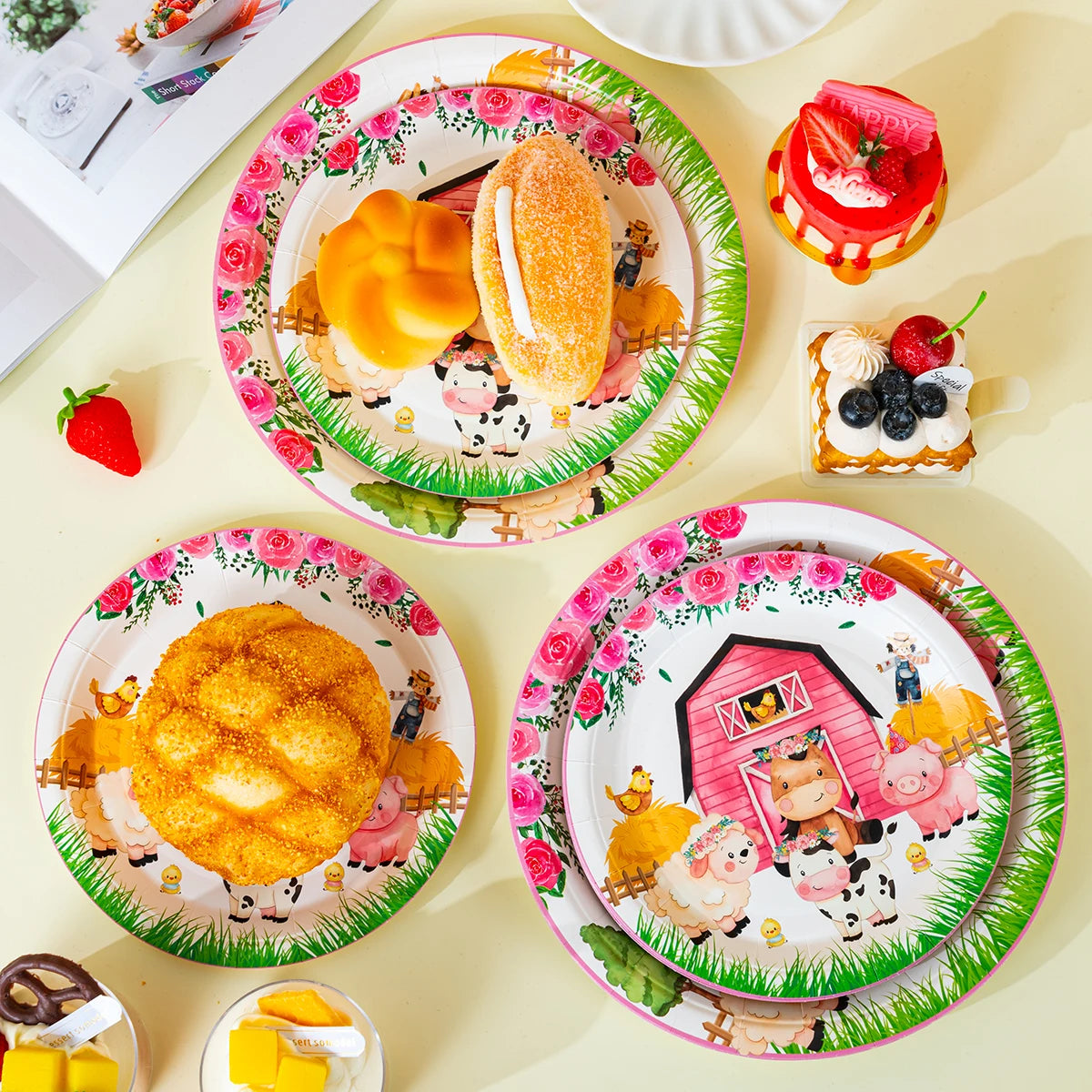 Floral Farm Animal Disposable Paper Plates 7/9 Inch Round Dessert Plates for Girls Birthday Baby Shower Decor