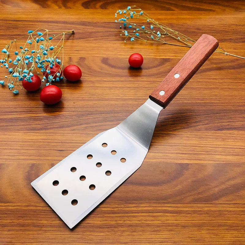 Stainless Steel Square Head Steak Cooking Spatula Wood Handle Pizza Shovel Pancake Beef Turner Scraper BBQ Utensils For Kitchen