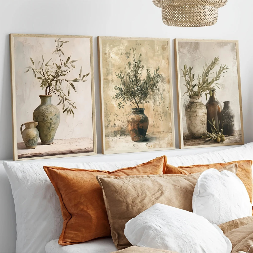 Retro Elegant Olive Tree and Lemon Canvas Poster Vase Wall Art Poster Perfect Gift for Living Room Bedroom Dormitory Home Decor