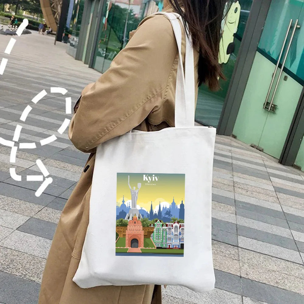 Kyiv Ukraine Milan Rio De Janeiro San Diego Santorini Greece Sydney Tokyo Women Canvas Shoulder Cotton Tote Bag Shopping Handbag