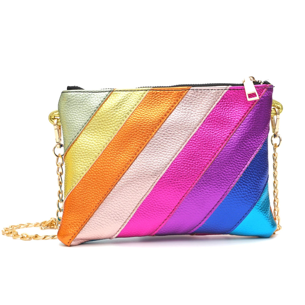 Luxury Funky Metallic Color Stripes PU Leather Handbag Women's Square Clutch Metal Chain Cross body Purse Fashion Y2K Party Prom