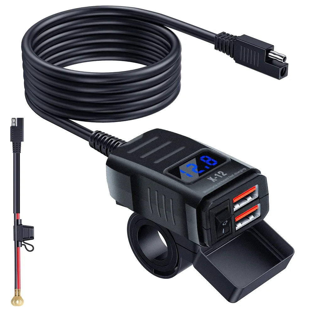 Motorcycle Vehicle-Mounted Charger Waterproof Adapter 12V-24V Phone USB PD Ports Quick Charge 3.0 With Switch Digital Voltmeter