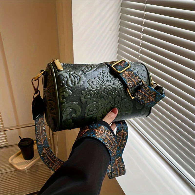 Retro Flower Embossed Cylinder Bag, Classic Textured Zipper Crossbody Purse, With Wide Geometric Pattern Strap Barrel Bag