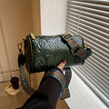 Retro Flower Embossed Cylinder Bag, Classic Textured Zipper Crossbody Purse, With Wide Geometric Pattern Strap Barrel Bag