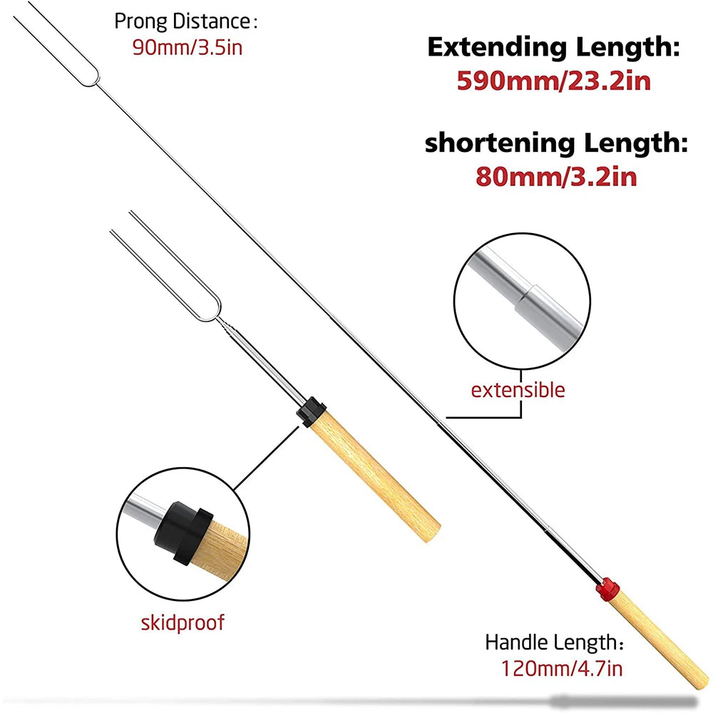 D2 8Pcs Barbecue Skewers Camping Supplies Extendable Roasting Sticks Grill Stainless Steel BBQ Grill Telescoping Smores Skewers