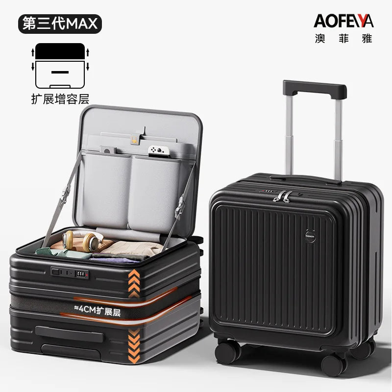 Front Opening Luggage 18 20 Inch Carry On Suitcase Lightweight Spinner Wheels Mini Travel Trolley Case with Laptop Compartment