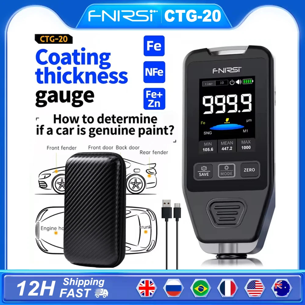 FNIRSI CTG-20 Car Paint Thickness Gauge Electroplate Metal & Putty Powder Coating Thickness Gauge for Car 0-1400um Fe nFe Fe+Zn
