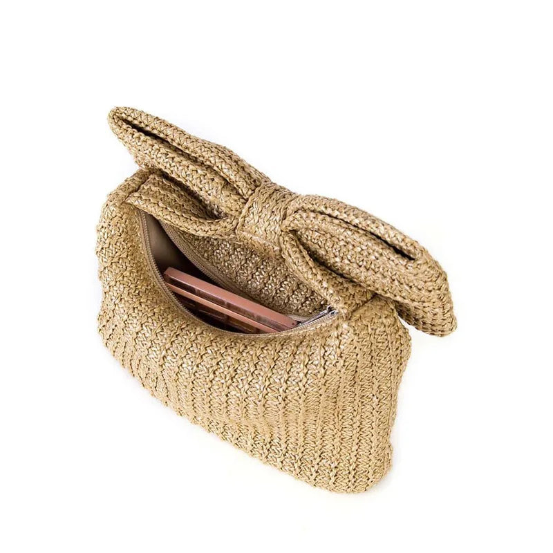 Summer Straw Woven Clutch Bag Women Bow Purse Vacation Beach Tote Party Wedding 2024 New Luxury Design Zipper Evenging Handbags