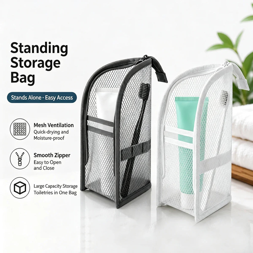 Large Capacity PVC Cosmetic Bag Waterproof Space Saving Toothbrush Toiletry Pouch Zipper Closure Vertical Design