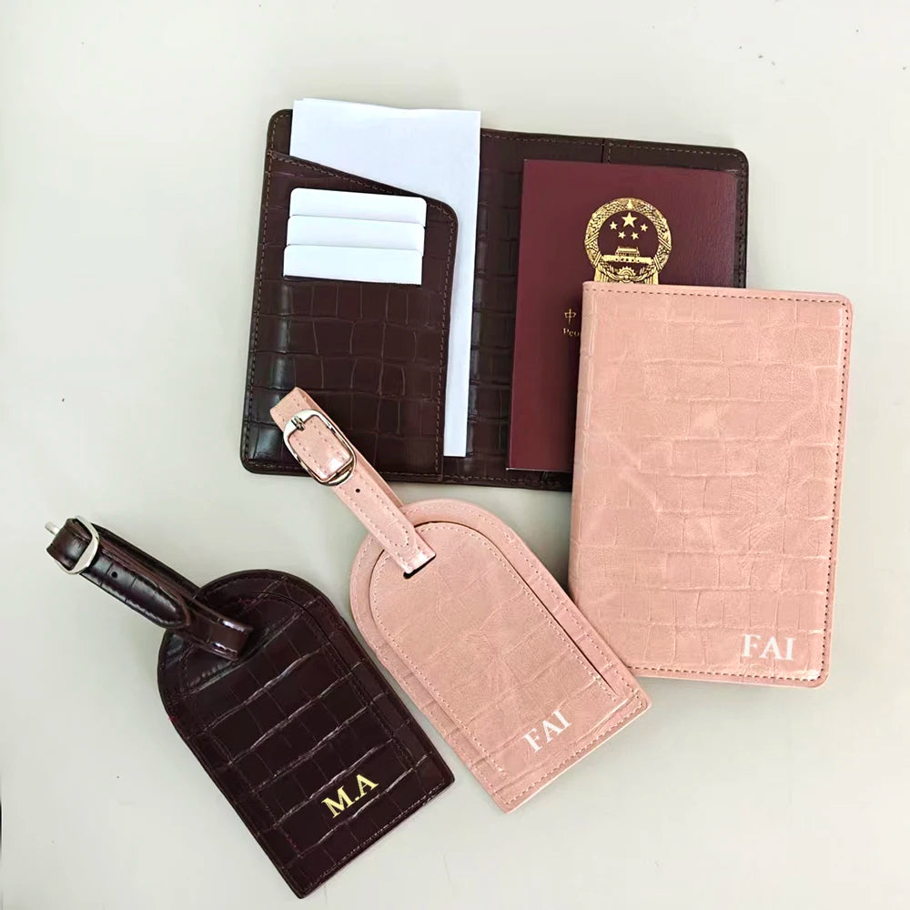 Crocodile Passport Cover Luggage Tag  Luxury Custom Letter Travel Accessories PU Leather Passport Holder Suitcase Name Label Set