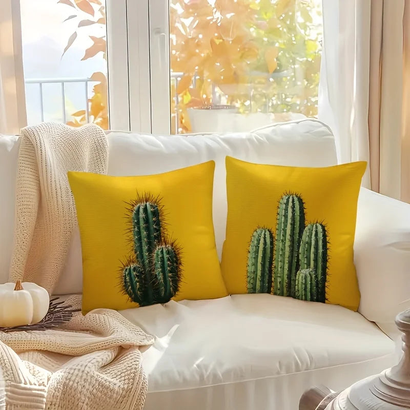 4-Piece 2D Printed Pillowcase Set – Cactus Pattern on Yellow Background