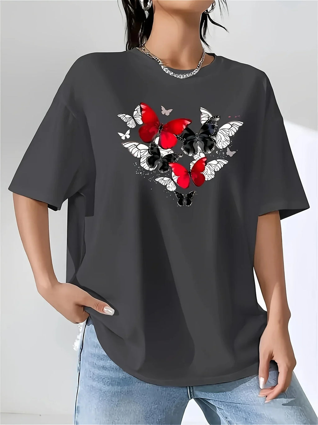 Women's Red Butterfly Heart Print Plus Size T-Shirt Short Sleeve Round Neck Casual Top for & All-Season Wear