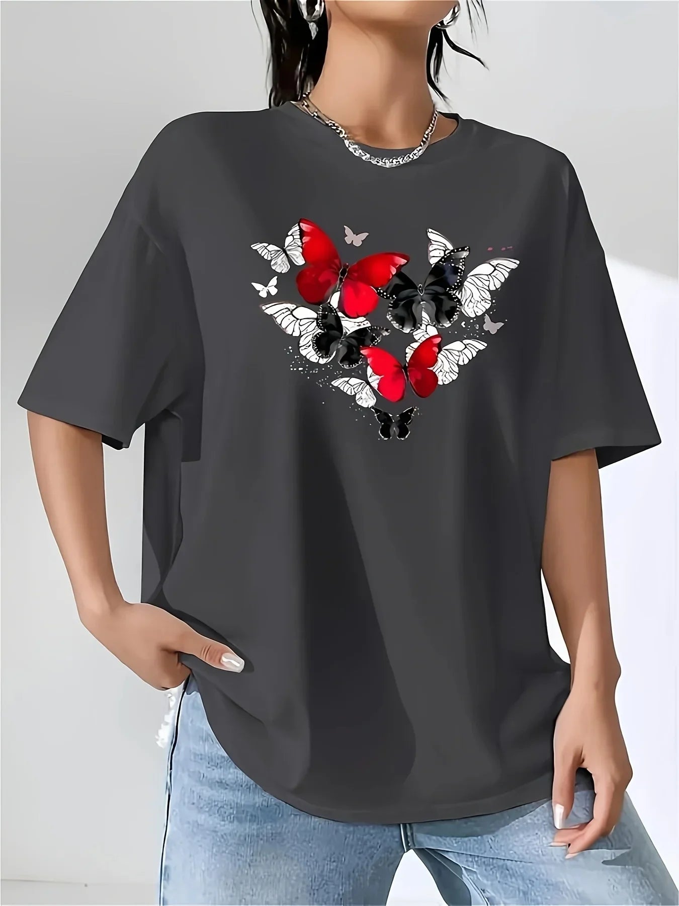 Women's Red Butterfly Heart Print Plus Size T-Shirt Short Sleeve Round Neck Casual Top for & All-Season Wear