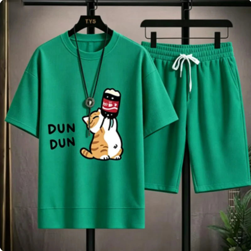 Cute cartoon cat funny print pattern loose short-sleeved set for men - casual waffle-style sports outfit