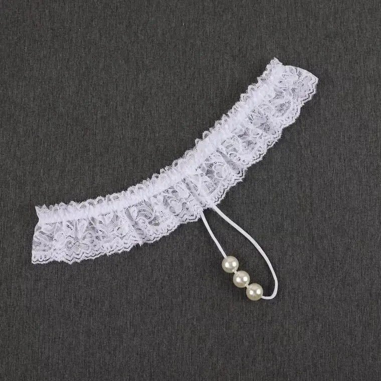 Sexy Women Low Waist Lace Pearl Massage Sheer T-back Thong Transparent Erotic Lingerie Panties for Bedroom Night Dating