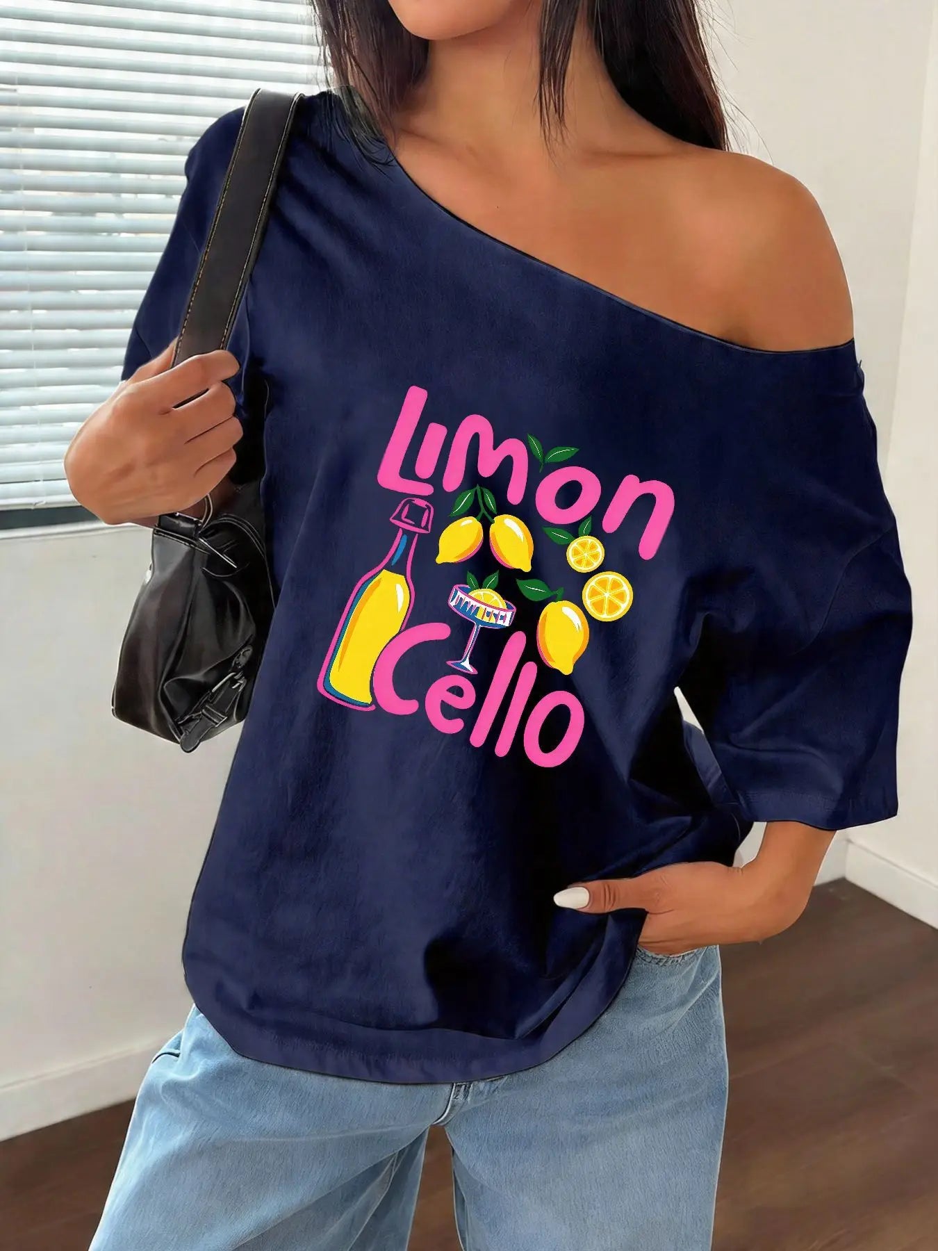 100% Cotton Plus Size Lemon Cello Cocktail Print Shoulder Loose Print T-Shirt Oversized Y2K Style Graphic Tees Women Tops Sum