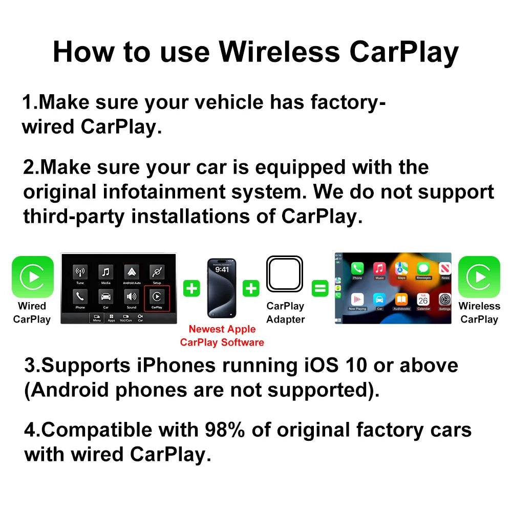 2-in-1 Wireless CarPlay&Android Auto Adapter - Plug and Play CarPlay Converter, fast automatic connection, zero latency, support