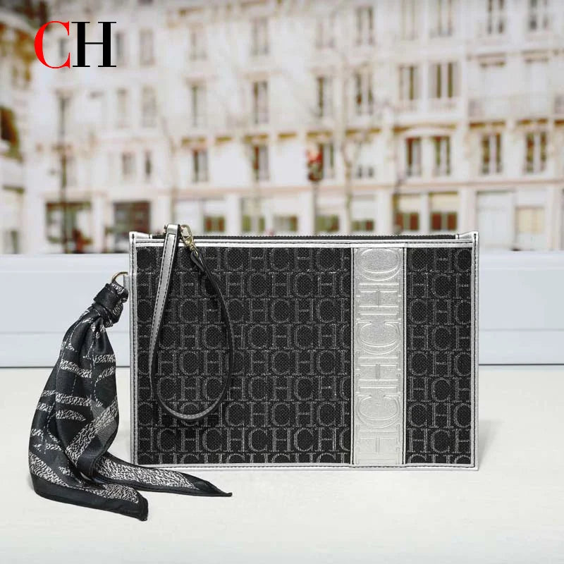 CH Print Zipper Clutch Bag Women Designer Luxury Wristlet Handbag Large Capacity Evening Purse With Silk Scarf