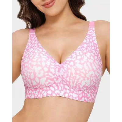 Women's Seamless Pink Leopard Print Bra Wire-Free Bra Full Cup Soft Thin Mold Support Breathable and Beauty Deep V Plus Up Bra