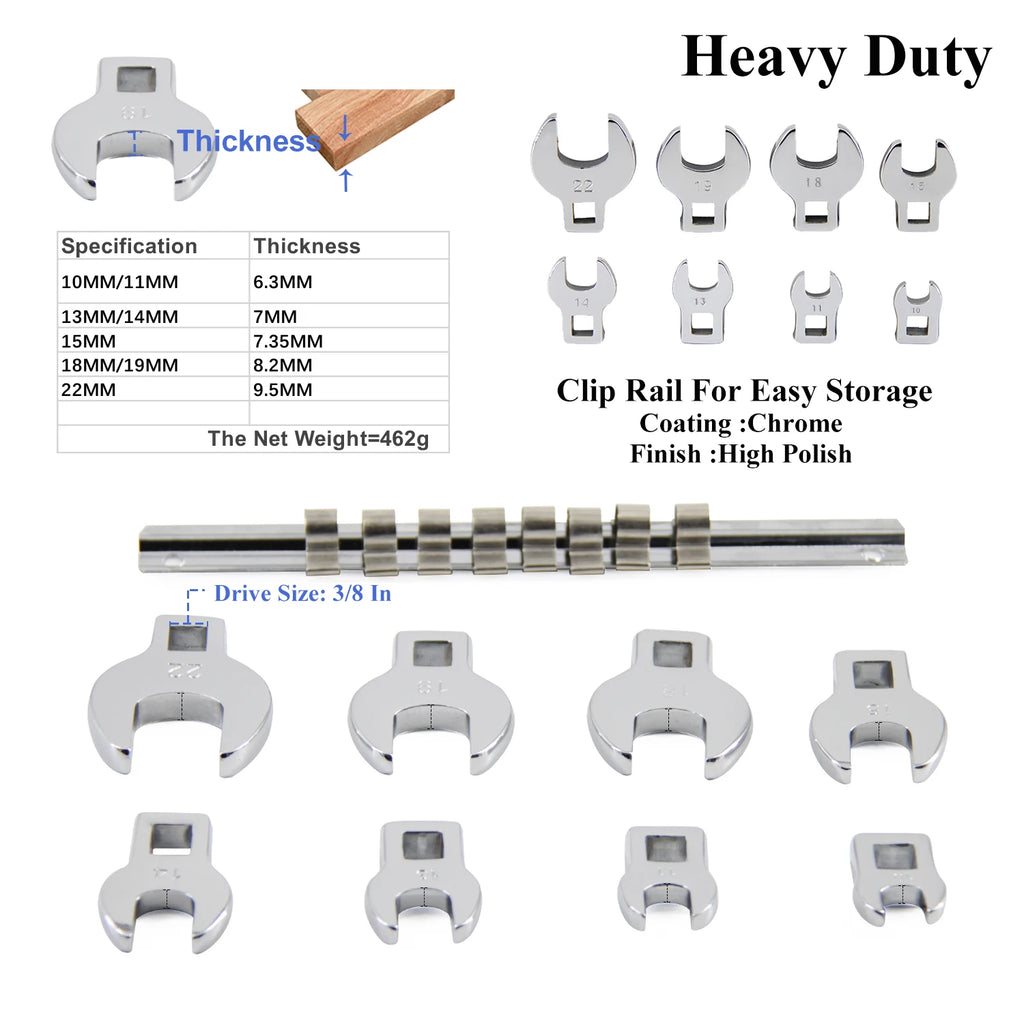 8Pcs 3/8 Inch Drive Crowfoot Wrench Set 10 to 22mm Metric/SAE Imperial Chrome Plated