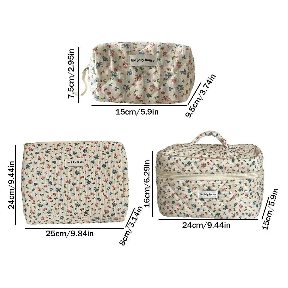 Flower Printed Puffy Quilted Zipper Makeup Bag Storage Organizer Toiletry Handbag Cosmetic Pouch Large Travel Cosmetic Bag