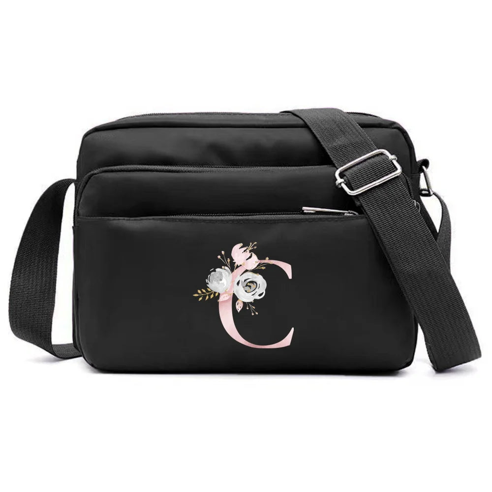 New Simple Black Storage Bag Multi-layer Travel Leisure One Shoulder Crossbody Bag Pink Flower Letter Series Printing Pattern