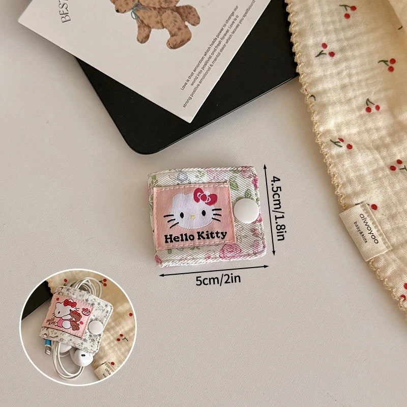 Sanrio Hello Kitty Leopard Print Denim Fabric Data Cable Storage Clip Charging Cable Wired Earphone Brush Storage Gifts for Girl