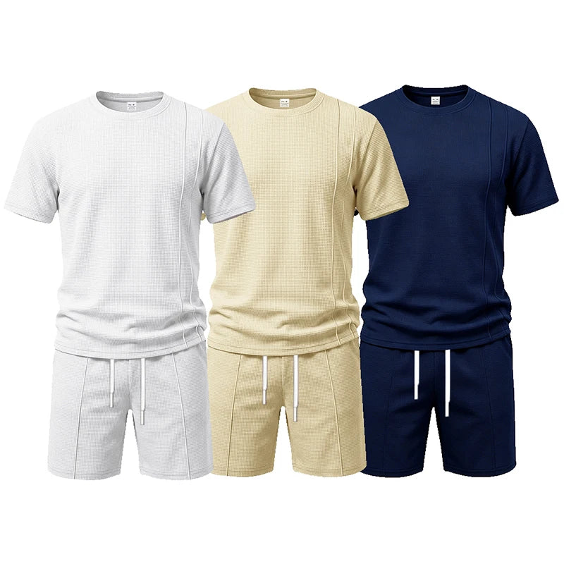 2026 New Men Waffle Knit 2 Piece Outfit Round Neck Short Sleeve Tee Drawstring Shorts Summer Casual Matching Set