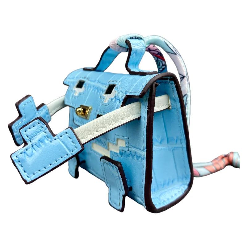 Mini Pixel Doll Bag Charm Adorable Croc-Etched PU Leather Keychain with Pouch for Earbuds & Coins Handcrafted Pastel Cutie Gift