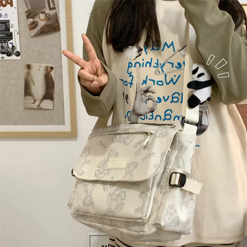 Retro teddy bear cute college style girl crossbody bag Japanese Ins student large capacity versatile mailman bag