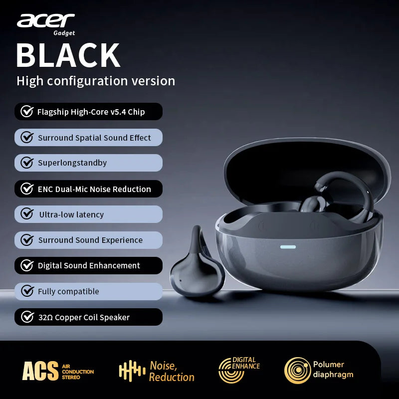 Acer OHR629 Open Ear Clip Headphones Comfortable Wear Hi-Res Audio Wireless Bluetooth 5.3 Earbuds with Mic