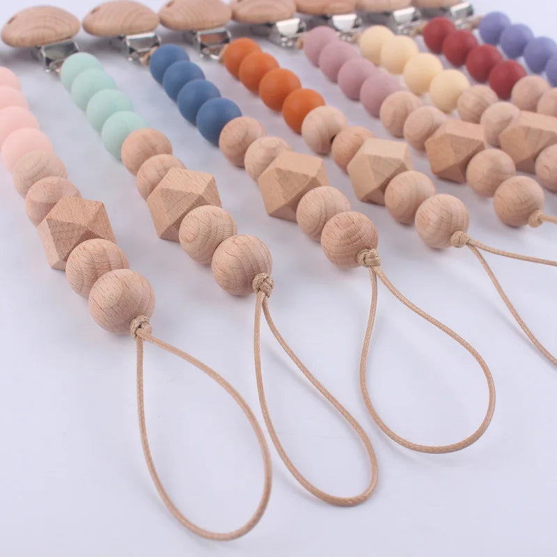 Baby Chain Pacifier Clips Silicone Beech wood Beads Infant Nipple Appease Soother Chain Clips Dummy Holder Nipple Clip Anti-drop
