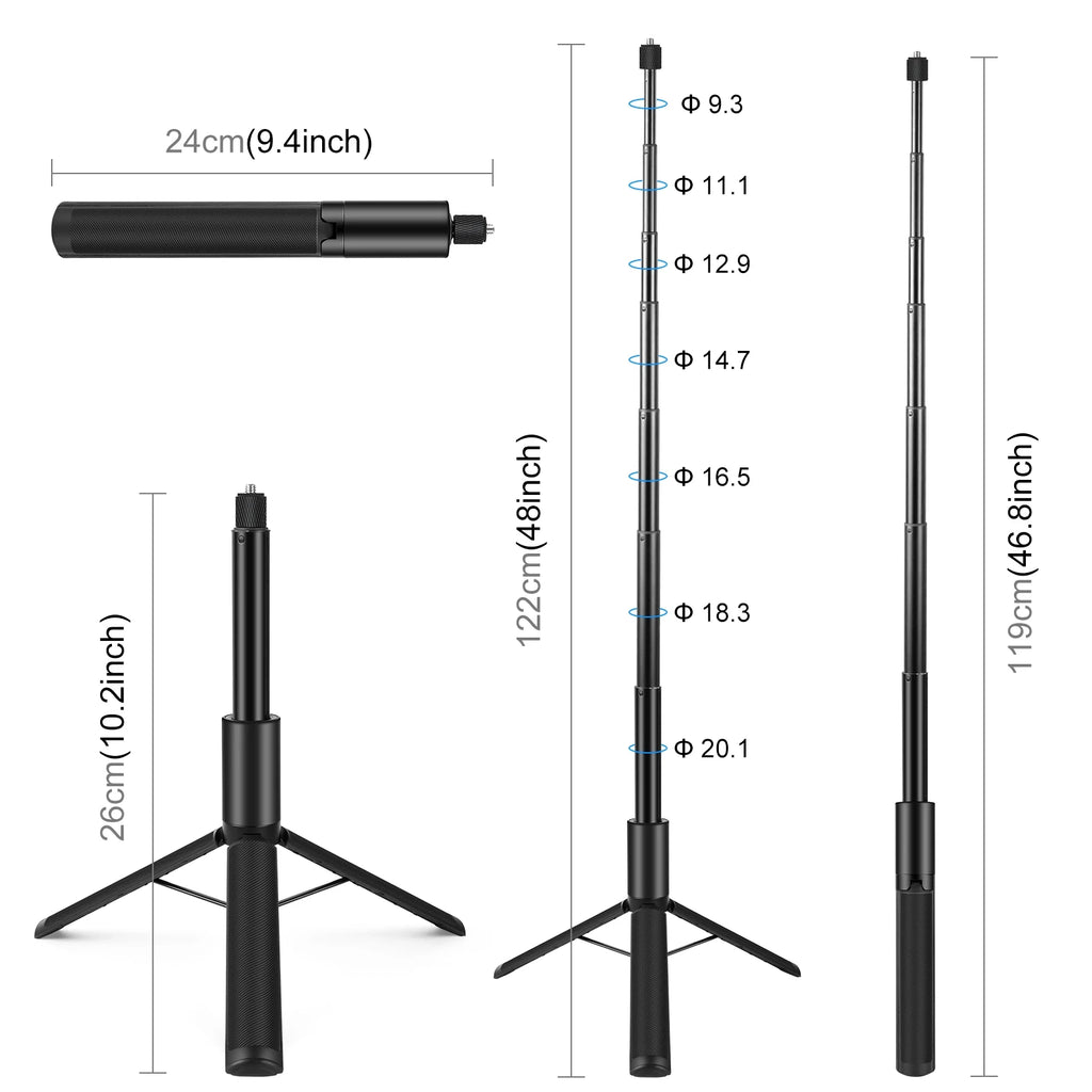 PULUZ Retractable Invisible Selfie Stick Tripod 1/4 Screw Sports Camera Metal Selfie Rod for DJI Osmo 360 / Insta360 X5 X4 X3