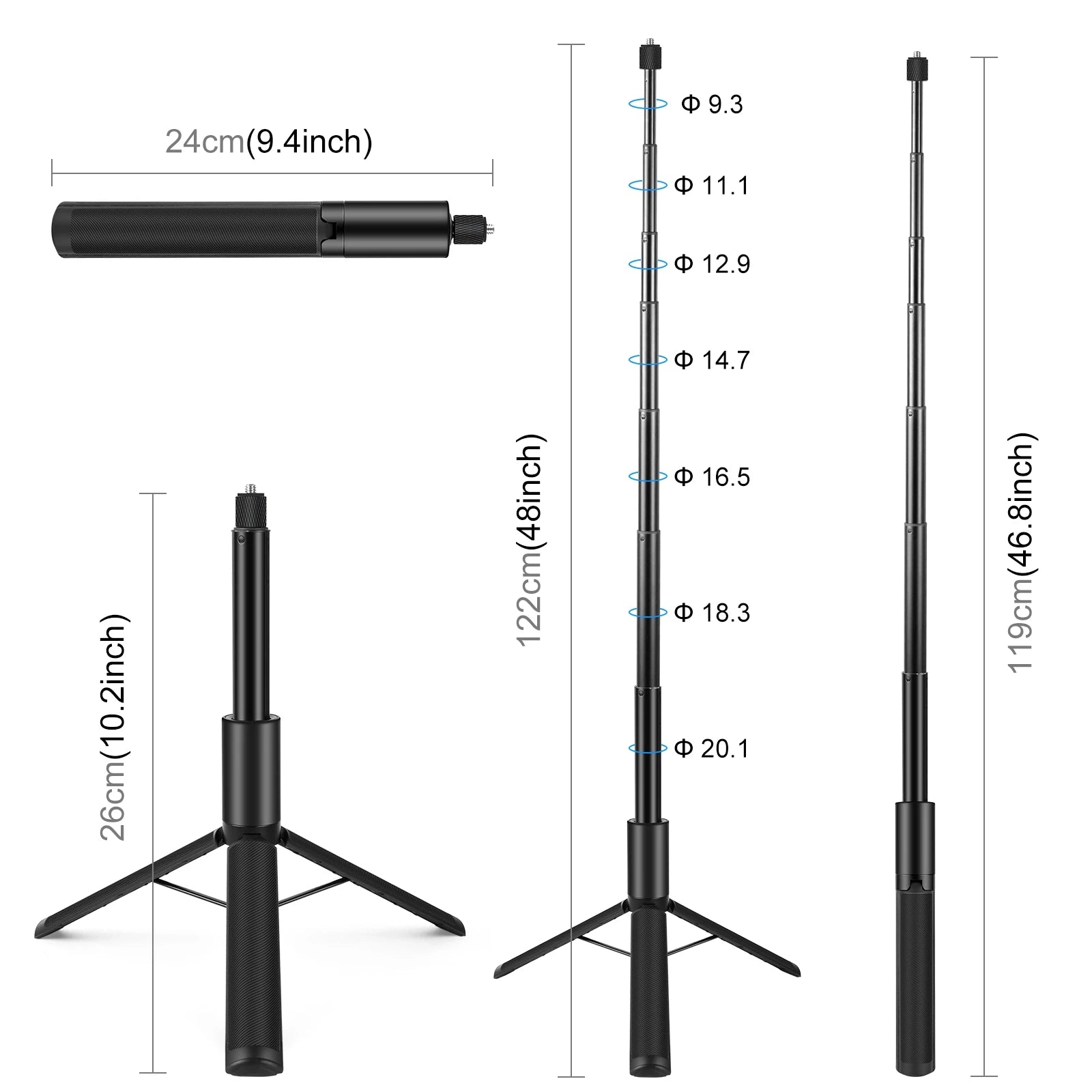PULUZ Retractable Invisible Selfie Stick Tripod 1/4 Screw Sports Camera Metal Selfie Rod for DJI Osmo 360 / Insta360 X5 X4 X3