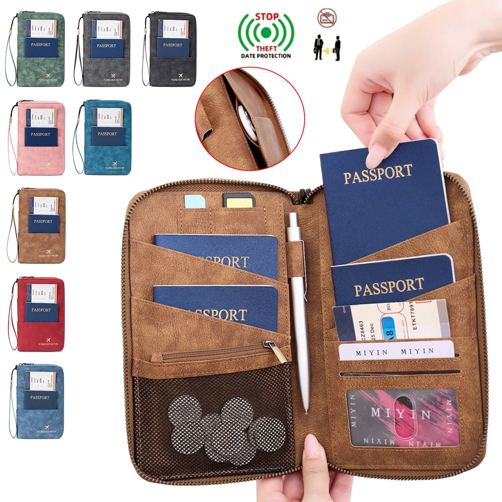 Travel Family Passport Holder RFIDShielded Large-Capacity Document Zippered Storage Wallet PU Clutch Bag Unisex Travel Accessory