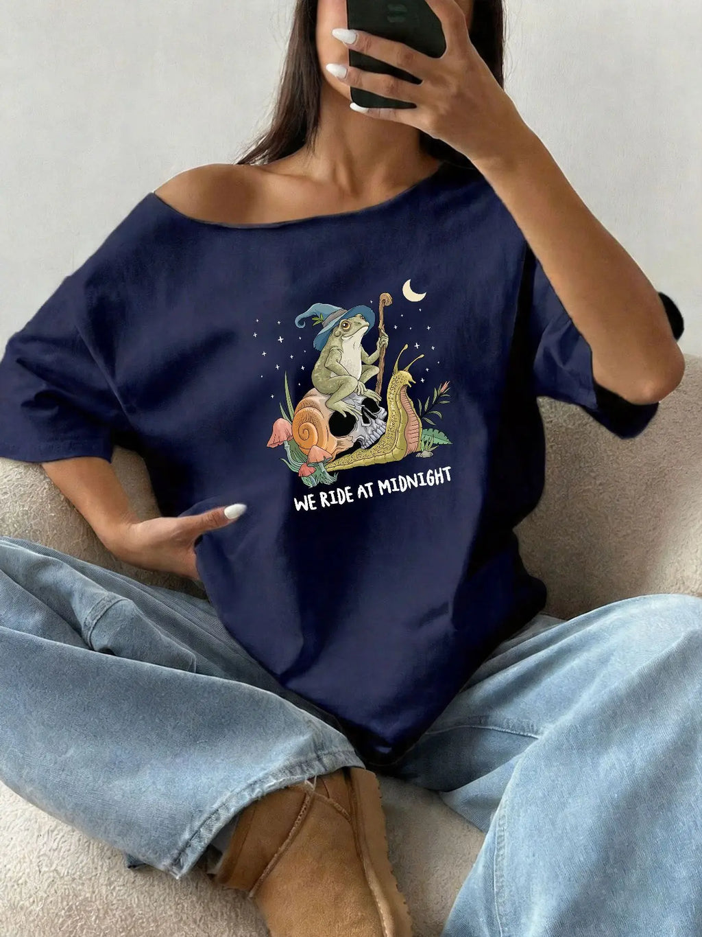 100% Cotton Plus Size Frog Witch Snail Skull Graphic Print Shoulder Loose Print T-Shirt Oversized Y2K Style Graphic Tees Wome