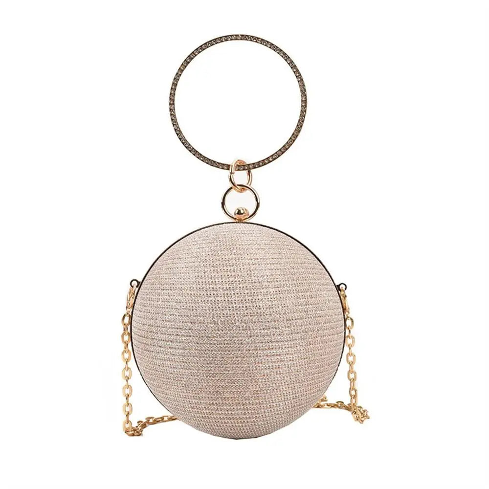 Luxury Circular Evening Bag Gold Bright Silk Rhinestone Decorative Chain Banquet Clutch Handbags Women Female