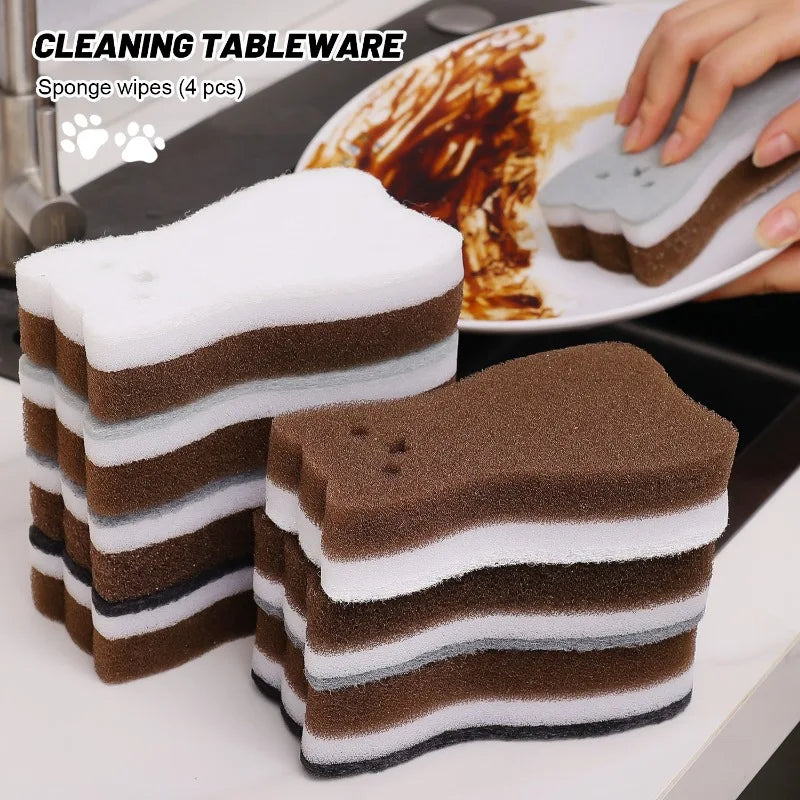4/20pcs Dishwashing Sponge Reusable Double Side Magic Sponge Cute Cat Shape Wash Dishes Brushes Household Kitchen Cleaning Tools
