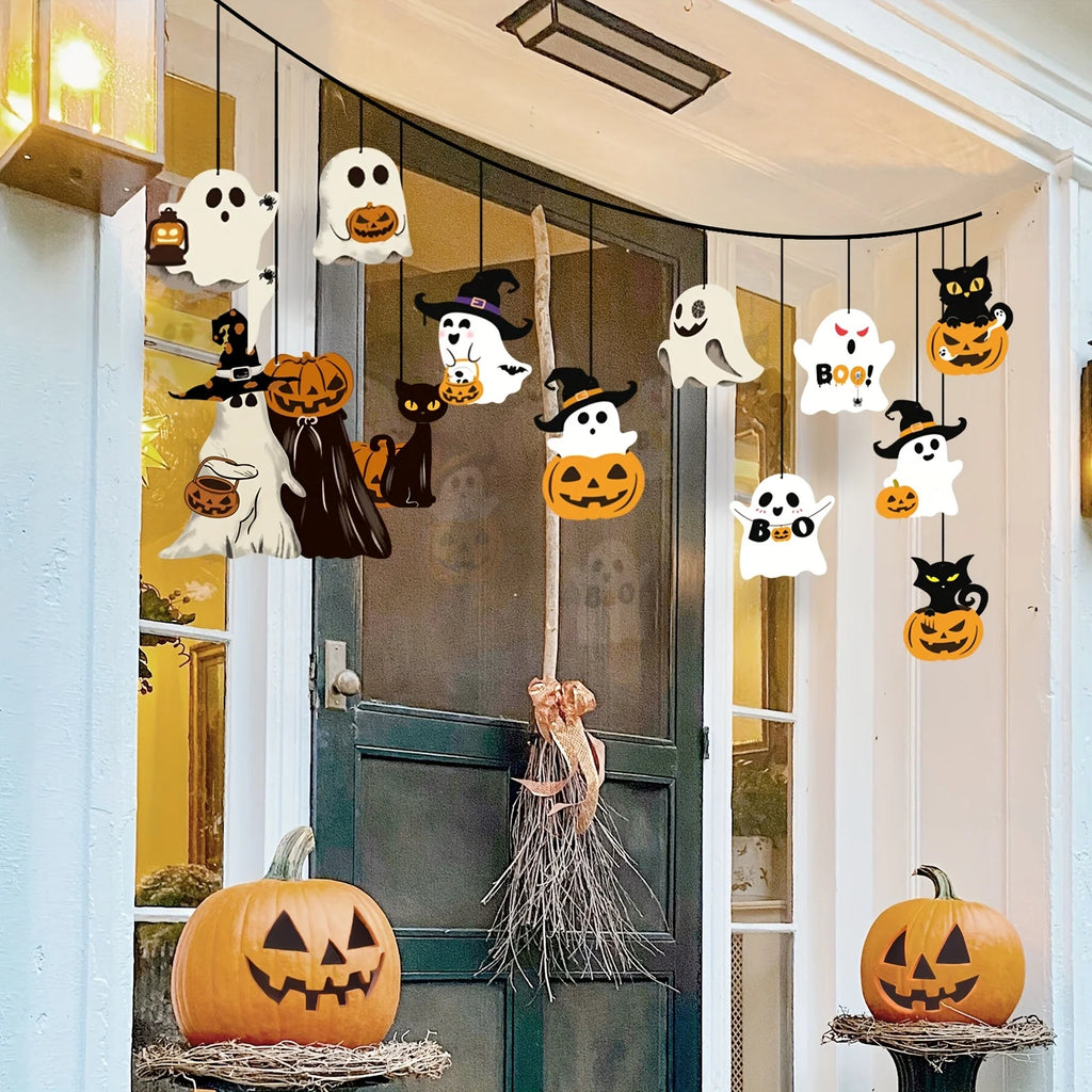 12pcs Halloween Theme Cute Pumpkin Black Cat Ghost Design Paper Halloween Ghost Decorations