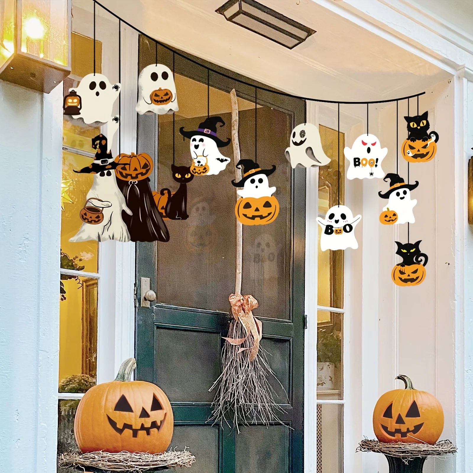 12pcs Halloween Theme Cute Pumpkin Black Cat Ghost Design Paper Halloween Ghost Decorations