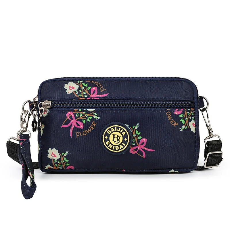 Lightweight Utility Crossbody Bag Durable Nylon Canvas Floral Print Multi Compartment Secure Zipper Women Travel Handbag