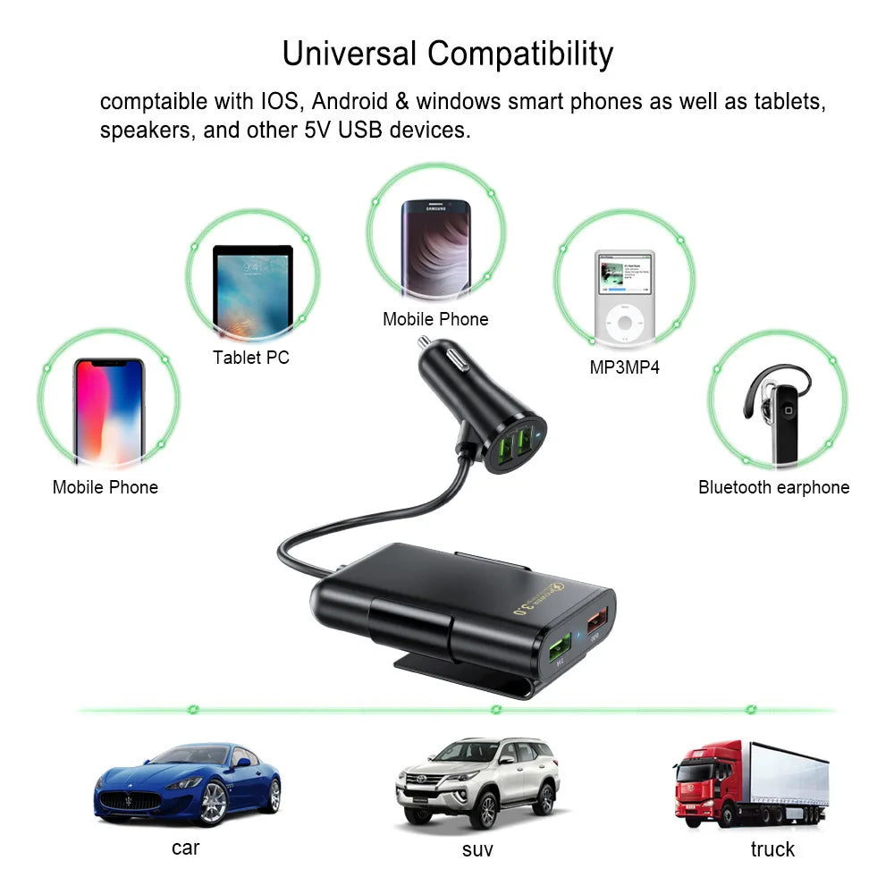 Universal 4-Port Fast Car Charger 8A 40W USB Adapter with Extension Back Seat Hub and Clip For iPhone 17 16 Pro Max For Samsung